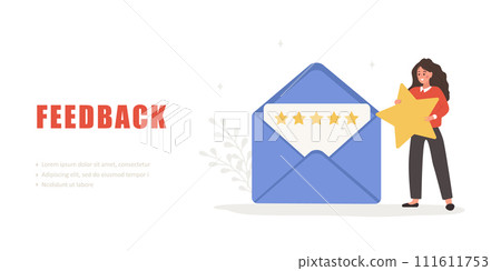 Customer feedback concept. Woman holding huge star. User giving five stars rating. Envelope with client review. Positive response. Vector illustration in flat cartoon style Customer feedback concept. Woman holding huge star. User giving five stars rating. Envelope with client review. Positive response. Vector illustration in flat cartoon style 111611753