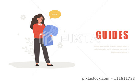 Guides concept. Female character with user manual. Woman reading user agreement, terms and conditions. FAQ or customer support. Vector illustration in flat cartoon style 111611758