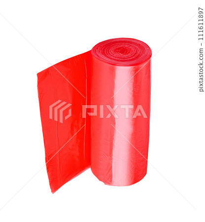 roll of red plastic garbage bags isolated on white background roll of red plastic garbage bags isolated on white background 111611897