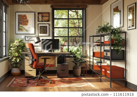Stylish and modern home office setup with natural light and green plants, showcasing a comfortable and productive remote work environment Stylish and modern home office setup with natural light and green plants, showcasing a comfortable and productive remote work environment 111611918