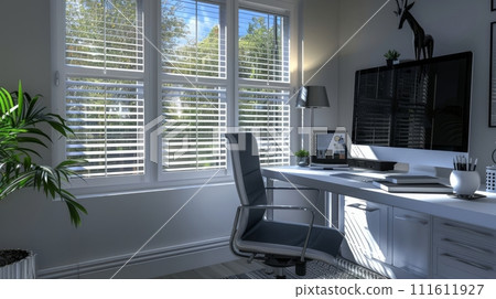 Stylish and modern home office setup with natural light and green plants, showcasing a comfortable and productive remote work environment 111611927