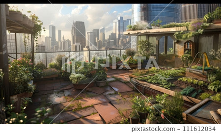 A lush urban rooftop garden with a city skyline in the background, focusing on urban agriculture and green living A lush urban rooftop garden with a city skyline in the background, focusing on urban agriculture and green living 111612034
