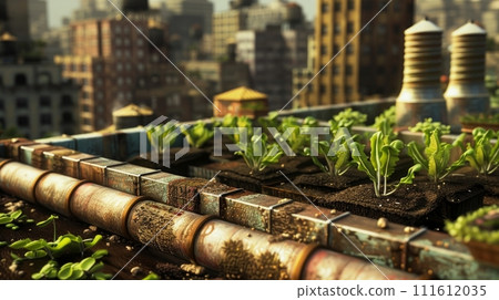 A lush urban rooftop garden with a city skyline in the background, focusing on urban agriculture and green living 111612035
