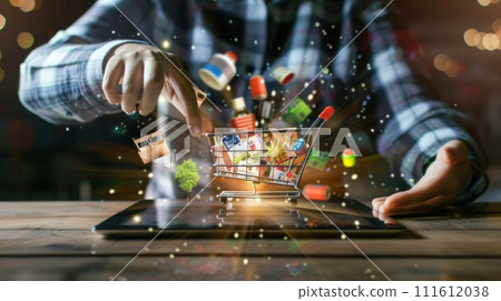 Person shopping on a tablet with virtual shopping cart and products floating around, symbolizing the ease of online shopping Person shopping on a tablet with virtual shopping cart and products floating around, symbolizing the ease of online shopping 111612038