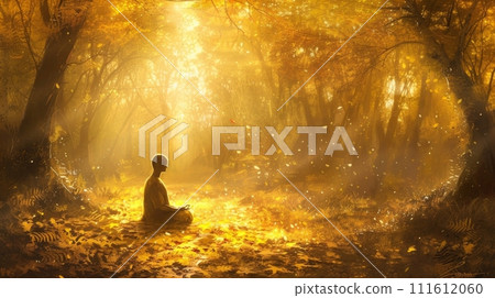 A person meditating in a tranquil forest, surrounded by soft sunlight filtering through the trees 111612060
