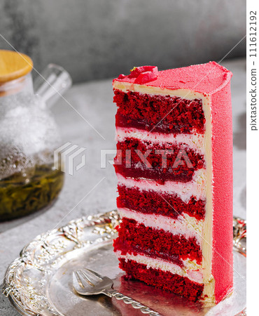 piece of delicious red velvet cake with tasty cream piece of delicious red velvet cake with tasty cream 111612192
