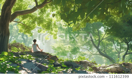A person meditating in a tranquil forest, surrounded by soft sunlight filtering through the trees A person meditating in a tranquil forest, surrounded by soft sunlight filtering through the trees 111612399