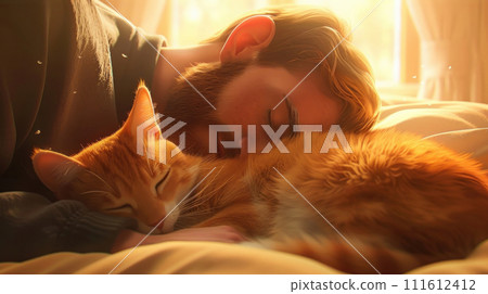 Man sleeping peacefully with a cat Man sleeping peacefully with a cat 111612412