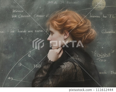 Beautiful young woman pondering on science problem Beautiful young woman pondering on science problem 111612444