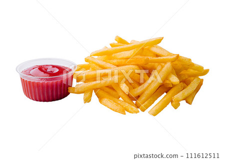 French fries and ketchup on white background 111612511