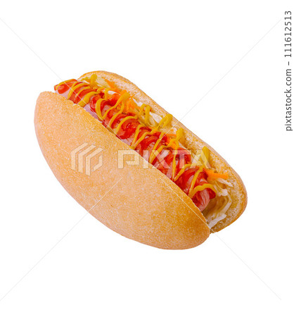 Delicious hot dog with mustard and ketchup on white background Delicious hot dog with mustard and ketchup on white background 111612513