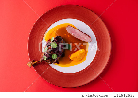 duck leg with pumpkin puree on red plate 111612633