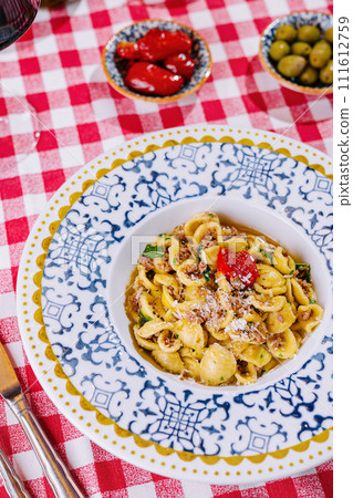 Italian Tuna conchiglie pasta top view Italian Tuna conchiglie pasta top view 111612759