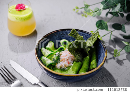 spinach pancakes with cucumbers and crab spinach pancakes with cucumbers and crab 111612788