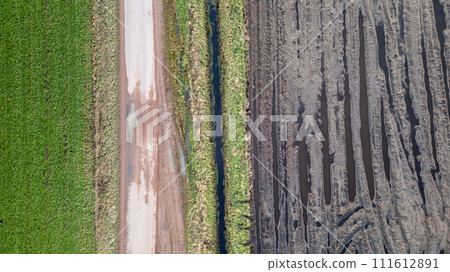 Aerial Contrast: Verdant Fields Beside Plowed Soil Aerial Contrast: Verdant Fields Beside Plowed Soil 111612891