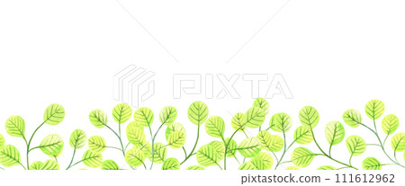 Repeated seamless floral border stripe with bright green leaves. Watercolor hand drawn illustration isolated on white background. Yellow transparent flowers. For design. decoration, wallpaper, textile 111612962
