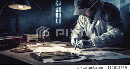 AI-generated content. Craftsman's Dark Workshop: A Young Caucasian Male Carpenter Alone, Dangerously Holding a Black Hand Drill, Combating the Problems of Addiction 111613359