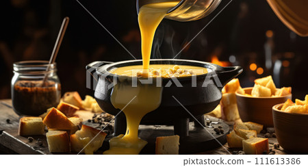 AI-generated content. Delicious Swiss Cheese Fondue, a Gourmet Tradition: Melting Pot of Tasty Swiss Cuisine in a Cozy Restaurant, with Warm Bread and Wine, Closeup on a Fondue Burner AI-generated content. Delicious Swiss Cheese Fondue, a Gourmet Tradition: Melting Pot of Tasty Swiss Cuisine in a Cozy Restaurant, with Warm Bread and Wine, Closeup on a Fondue Burner 111613386