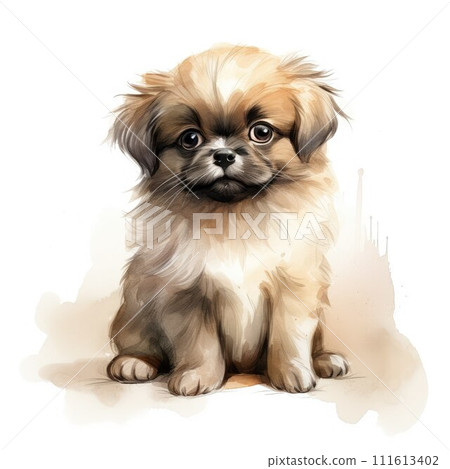 AI-generated content. Pekingese. Realistic watercolor dog illustration. Funny doggy drawing template. Art for card, poster and other. Illustration of dog on white background AI-generated content. Pekingese. Realistic watercolor dog illustration. Funny doggy drawing template. Art for card, poster and other. Illustration of dog on white background 111613402