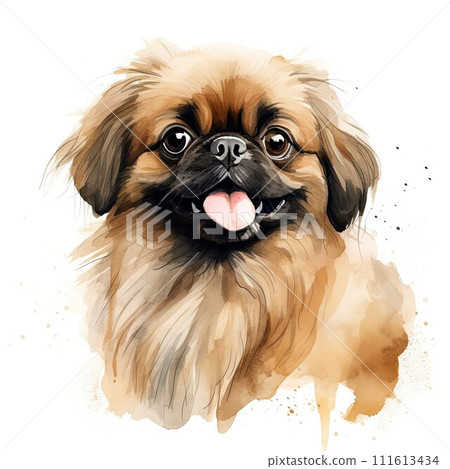 AI-generated content. Pekingese. Realistic watercolor dog illustration. Funny doggy drawing template. Art for card, poster and other. Illustration of dog on white background 111613434