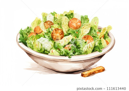AI-generated content. Fresh, Healthy Salad with Delicious Lettuce, Grilled Chicken Fillet, and Parmesan Cheese: A Gourmet Cuisine on a Wooden Table. 111613440