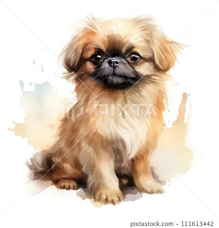 AI-generated content. Pekingese. Realistic watercolor dog illustration. Funny doggy drawing template. Art for card, poster and other. Illustration of dog on white background 111613442