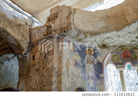 The building of Church of St. Nicholas in Turkey, Demre. Walls, columns and frescoes on the wall of the temple. 111613622