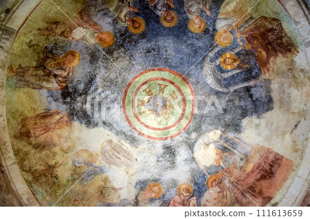 The dome with mural where Jesus and the twelve apostles. Church of St. Nicholas the Baptist in Demre. The dome with mural where Jesus and the twelve apostles. Church of St. Nicholas the Baptist in Demre. 111613659