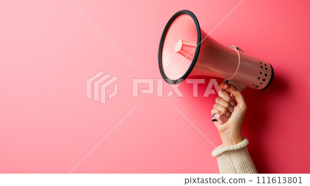 AI-generated content. Attention please. Unknown woman holds loudspeaker which is symbol of advertising on pastel pink wall background studio, PR and promotion. Generative AI.  111613801