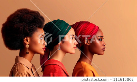 AI-generated content. Profile of multi ethnic women with different skin tones in stylish outfit in a studio background. Female body positive young women standing together. Girl power feminism equal 111613802