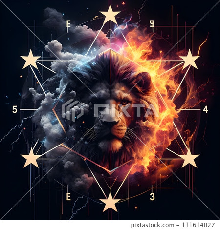 Lightning stars IN DIFFERENT SHADES OF black and a lion's head. 111614027