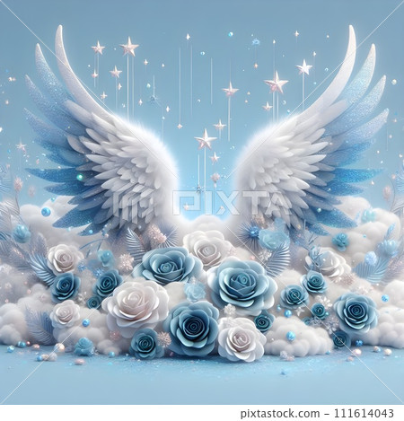 Atmospheric angel wings  fluffy clouds  twinkling stars, shades of blue. 111614043