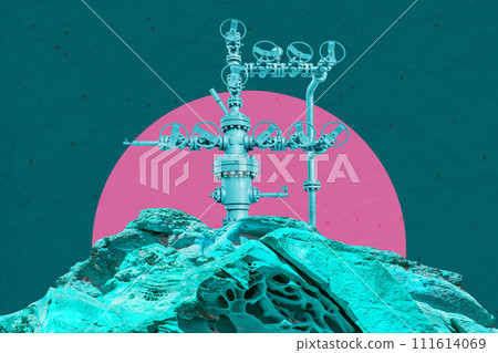 Surreal collage with industrial oil rig. Art poster, template concept design or zine cover. Wellhead Surreal collage with industrial oil rig. Art poster, template concept design or zine cover. Wellhead 111614069