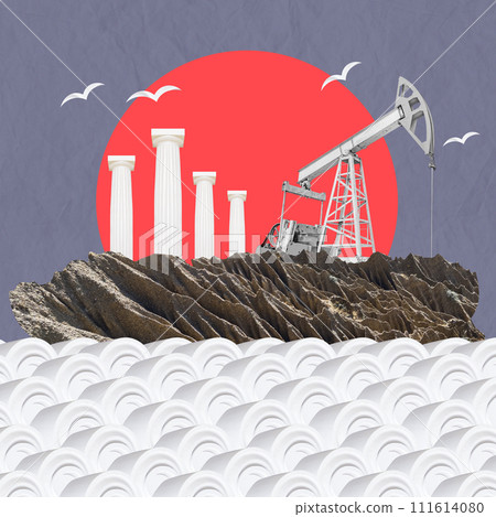 Surreal collage. Classic architecture and industrial oil pump. Art concept poster, print, zine cover. Surreal collage. Classic architecture and industrial oil pump. Art concept poster, print, zine cover. 111614080