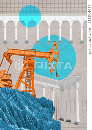 Surreal collage. Classic architecture and industrial oil pump. Art concept poster, print, zine cover. Surreal collage. Classic architecture and industrial oil pump. Art concept poster, print, zine cover. 111614083
