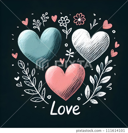 Chalk hearts of three different sizes and colors with the message "Love" on them. Chalk hearts of three different sizes and colors with the message "Love" on them. 111614101