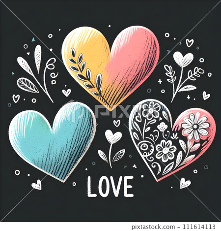 Chalk hearts of three different sizes and colors with the message "Love" on them. Chalk hearts of three different sizes and colors with the message "Love" on them. 111614113