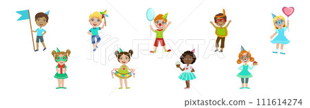 Happy Kids Character Having Fun at Birthday Party Vector Set Happy Kids Character Having Fun at Birthday Party Vector Set 111614274