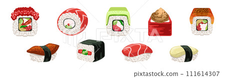 Sushi and Roll Food with Seafood and Rice Vector Set 111614307