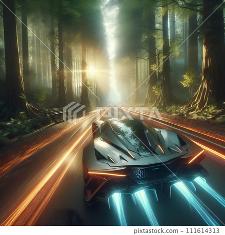 Image of a luxury car speeding through a dense forest flare. 111614313