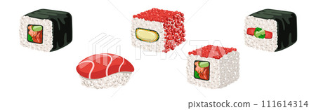 Sushi and Roll Food with Seafood and Rice Vector Set Sushi and Roll Food with Seafood and Rice Vector Set 111614314