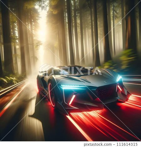 Image of a luxury car speeding through a dense forest flare. 111614315
