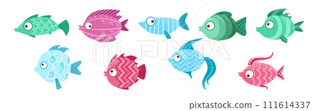 Cute Sea Fish as Aquarium Swimming Creature Vector Set 111614337