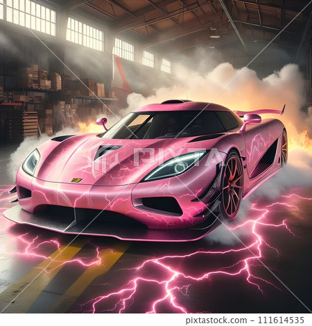 Pink car in a hangar with smoke and flames. Pink car in a hangar with smoke and flames. 111614535