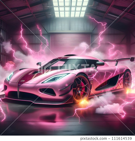 Pink car in a hangar with smoke and flames. Pink car in a hangar with smoke and flames. 111614539