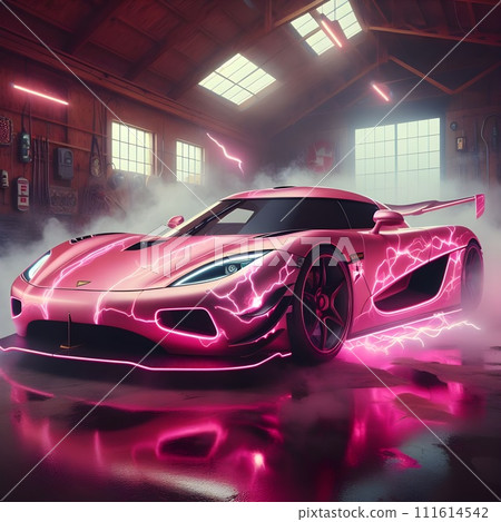 Pink car in a hangar with smoke and flames. Pink car in a hangar with smoke and flames. 111614542