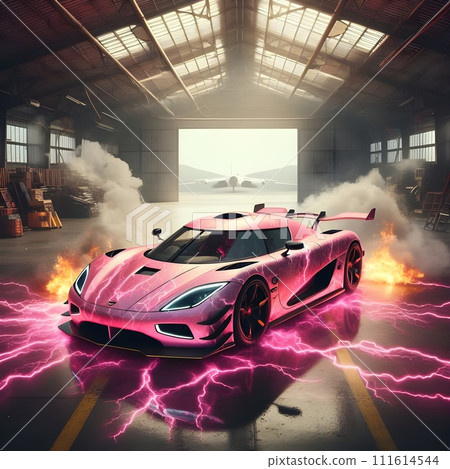 Pink car in a hangar with smoke and flames. Pink car in a hangar with smoke and flames. 111614544