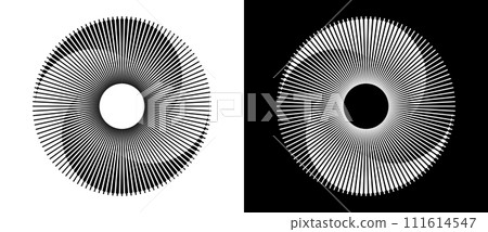 Lines in circle abstract background. Dynamic transition illusion. Black shape on a white background and the same white shape on the black side. Lines in circle abstract background. Dynamic transition illusion. Black shape on a white background and the same white shape on the black side. 111614547