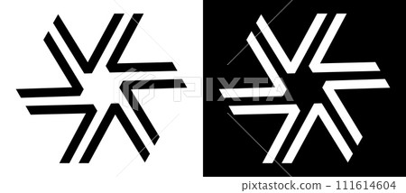 Spiral or circle with lines like letter V as dynamic abstract vector background or logo or icon. Black shape on a white background and the same white shape on the black side. 111614604