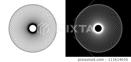 Lines in circle like safety pattern or guilloche for any projects. Black shape on a white background and the same white shape on the black side. 111614630